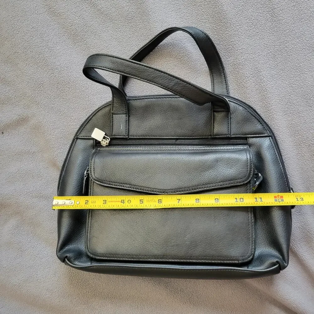 Genuine Black Pebbled Leather Vintage Style Organizer Handbag Multi Pocket‎